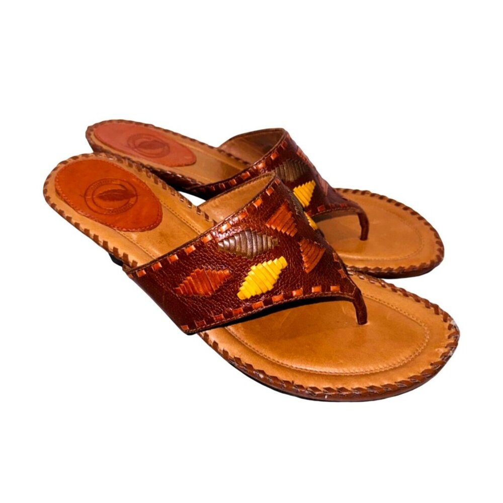Nurture Womens 8.5 Brown Yellow Woven Leather Cushioned Thong Sandal Boho Artsy